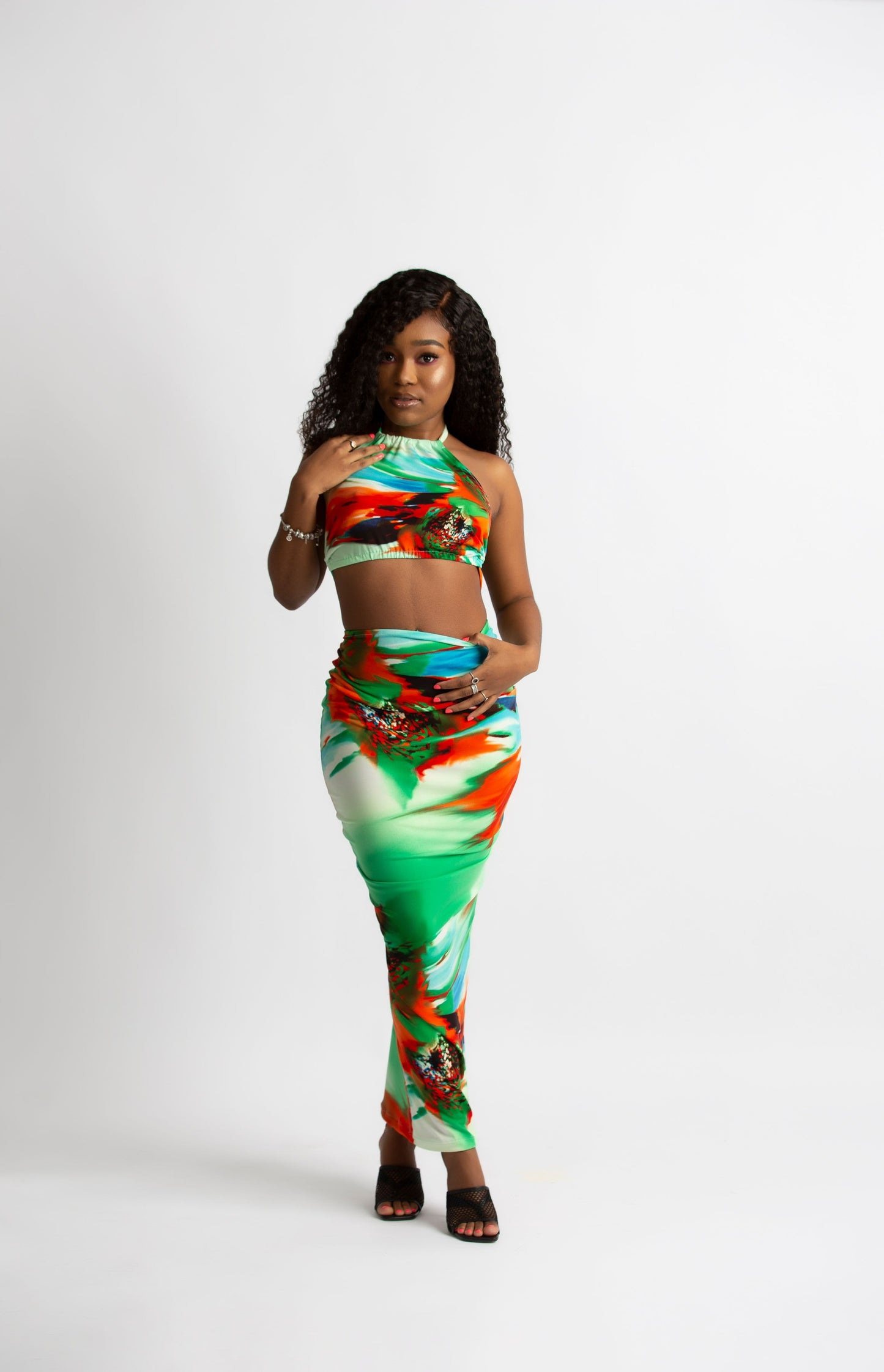 SAMARA HALTER RUCHED MAXI IN EMERALD PRINT