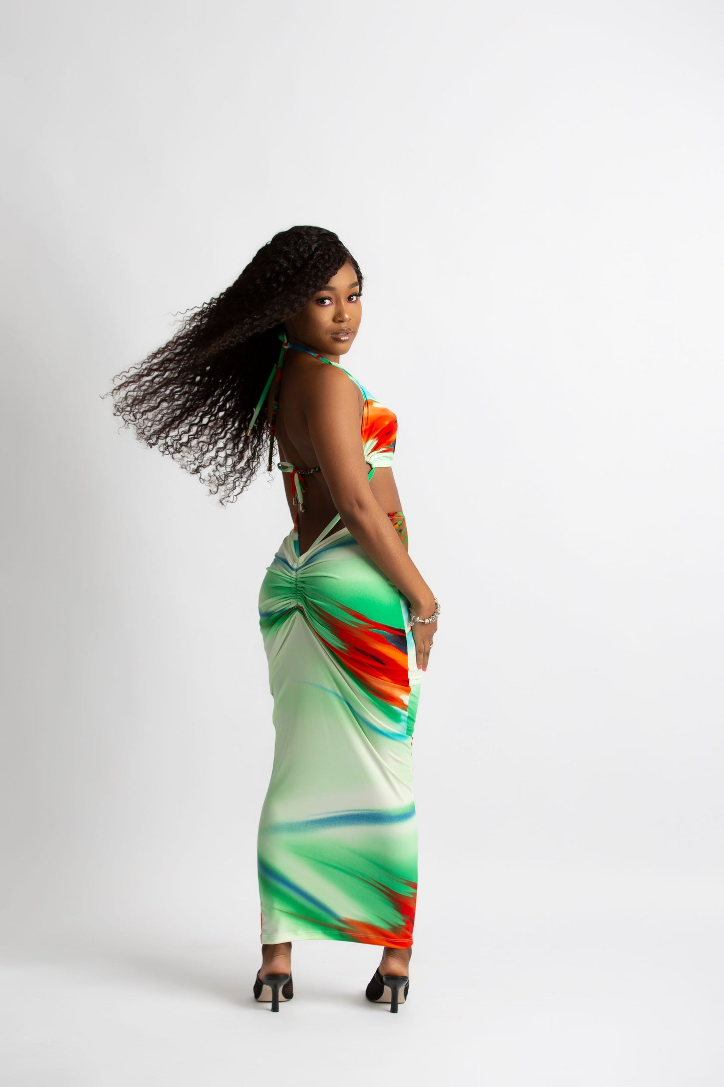 SAMARA HALTER RUCHED MAXI IN EMERALD PRINT