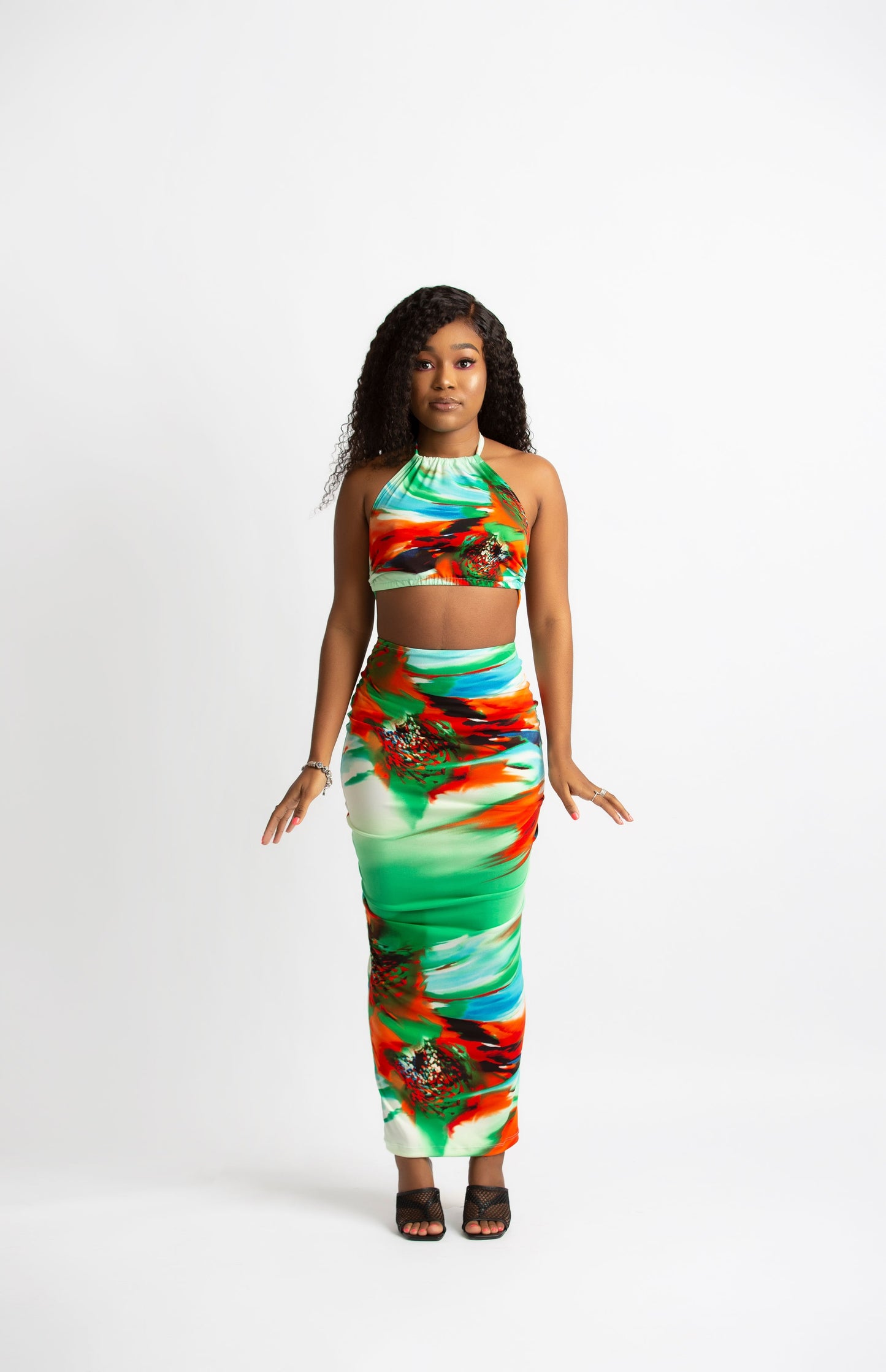 SAMARA HALTER RUCHED MAXI IN EMERALD PRINT