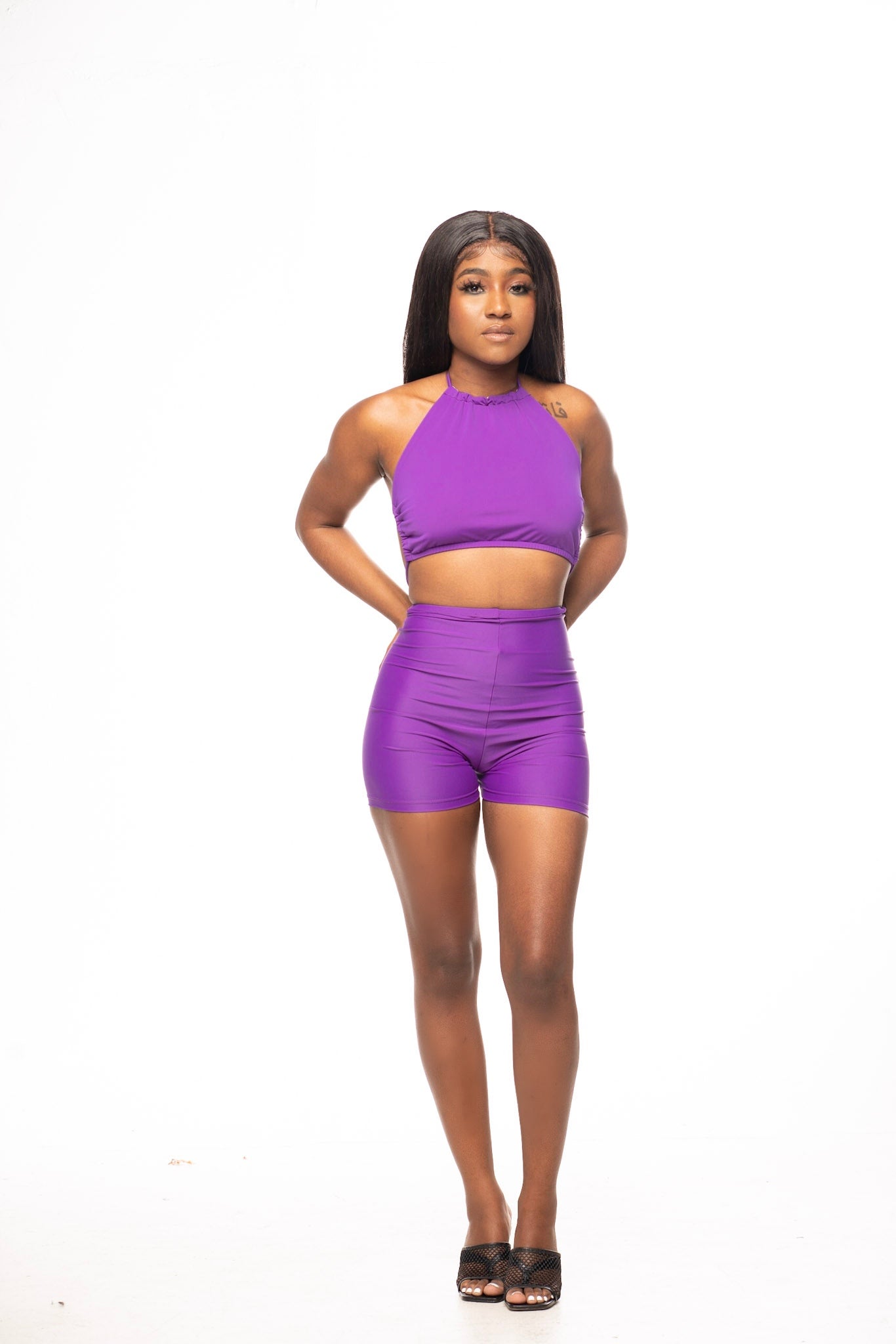 SAMARA HALTER RUCHED SHORTS IN PURPLE